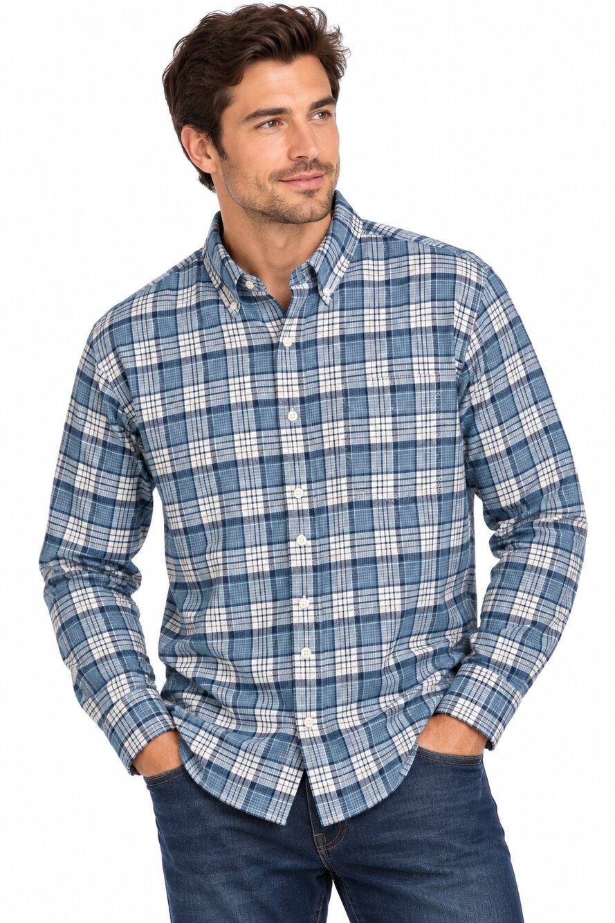 L.L.Bean Men’s Traditional Fit Plaid Button Down Shirt Medium Regular Blue White